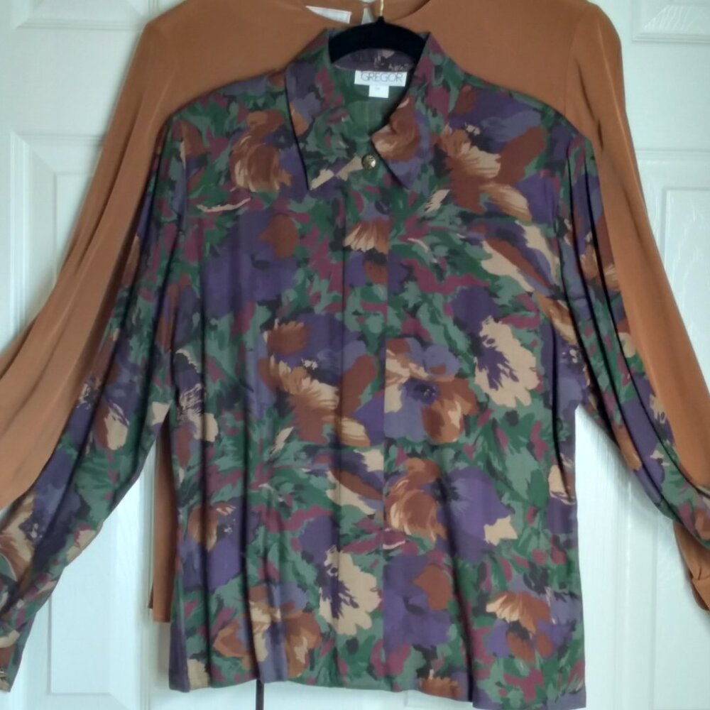 Gregor Green Floral Long-Sleeve Wool Blend Blouse Size 6P